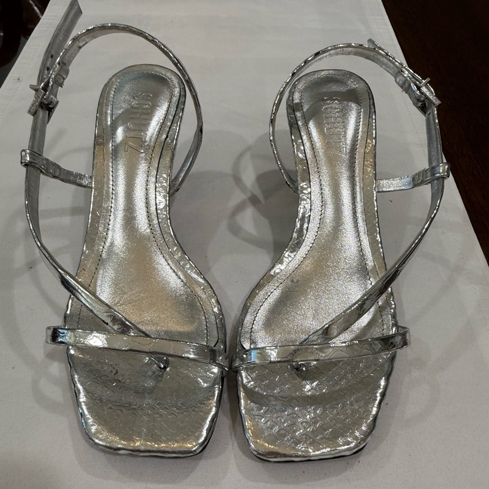 SCHUTZ Metallic Silver Strappy Sandals
